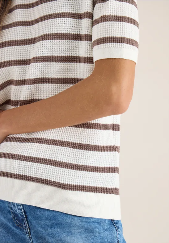 Trui met korte mouwen, textuur en strepen urban taupe