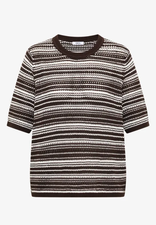 Kurzärmliges Strickshirt mit schwarzen und weißen Blockstreifen und Rundhalsausschnitt.