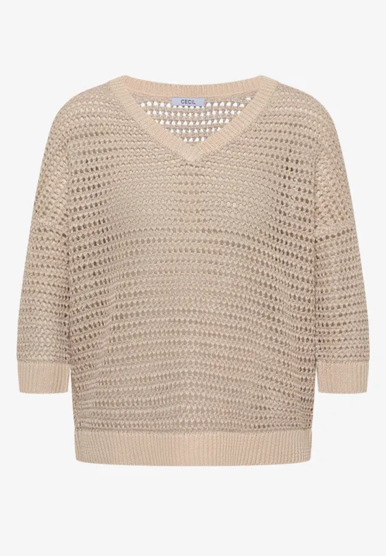 Pull avec col en V et mélange de fils pearl beige