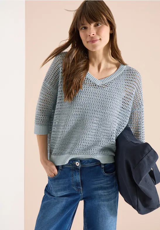 Pullover mit V-Neck und Garnmix diamond blue