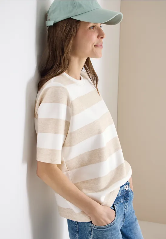 Sweat-shirt à manches courtes et à rayures grain beige