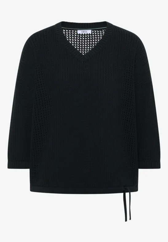 Zwarte gebreide trui met V-hals en sierstrik aan de zijkant
