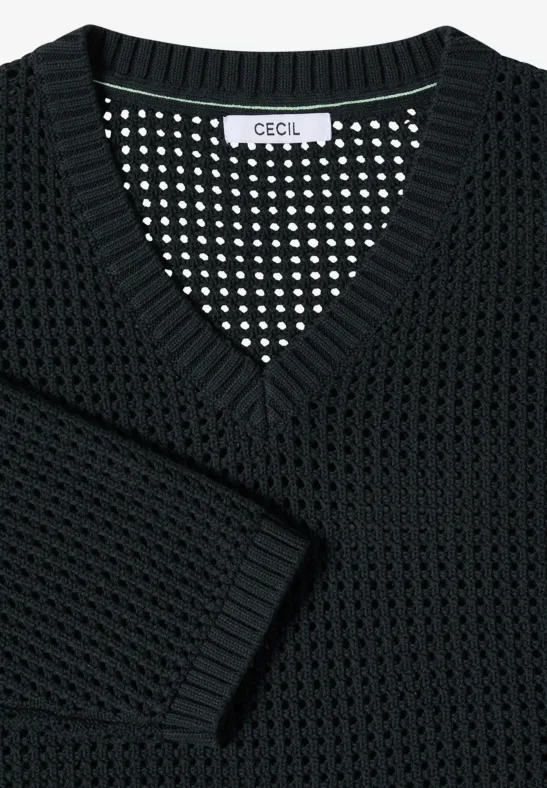 Zwarte, grofgebreide V-hals trui van CECIL.