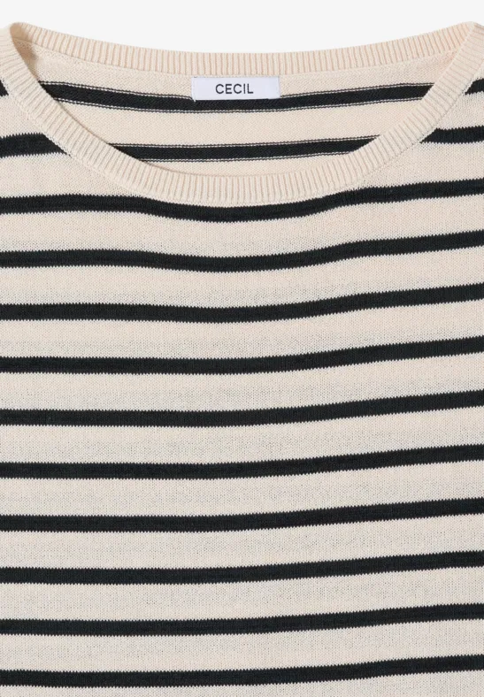 Weißer Pullover mit schwarzen Streifen und Rundhalsausschnitt