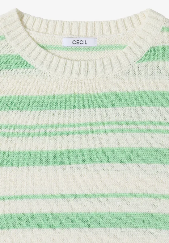 Beiger Strickpullover mit grünen Streifen, Rundhalsausschnitt und CECIL-Label.