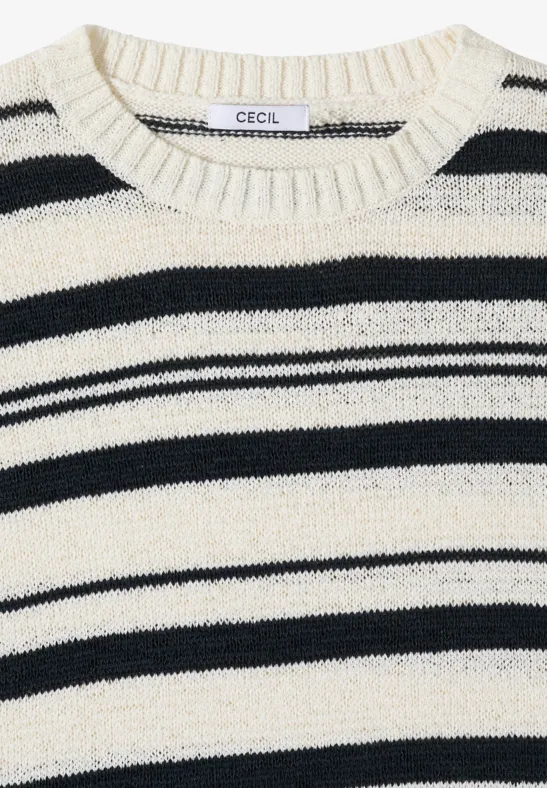 Hellbeiger Pullover mit dunkelblauen Querstreifen und Rundhalsausschnitt, Label 'CECIL'