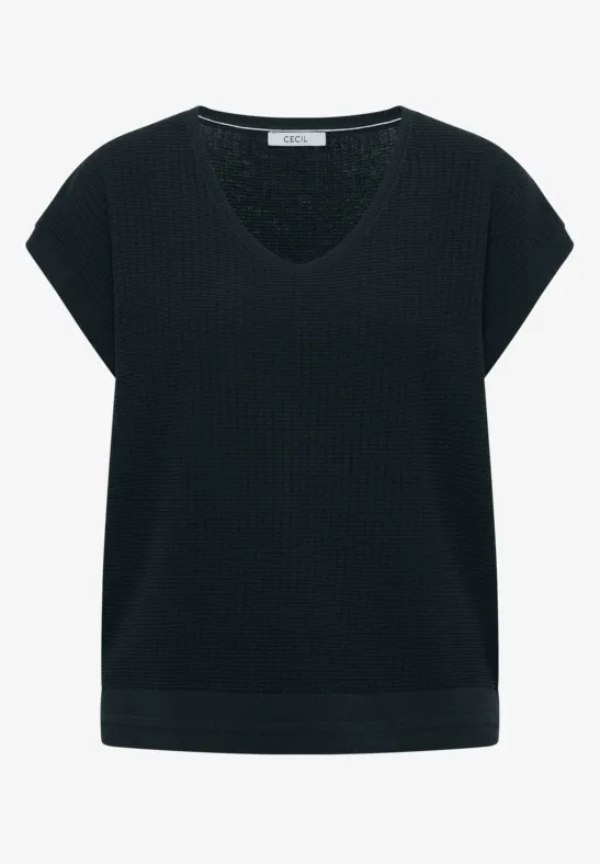 Zwarte, gebreide top met korte mouwen en V-hals.