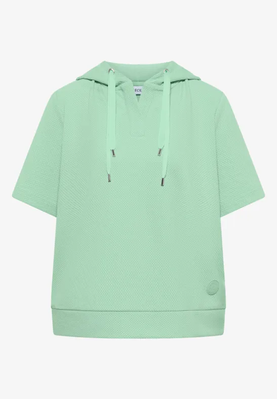 Mintgrünes, kurzärmliges Kapuzensweatshirt mit Kordelzug und lässigem Schnitt.