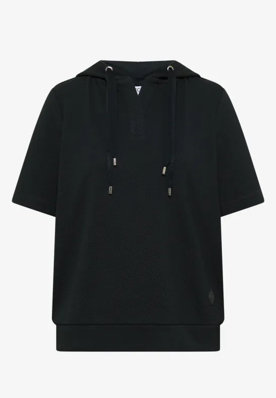 Schwarzer kurzärmeliger Hoodie mit Kapuze und lockerem Schnitt.