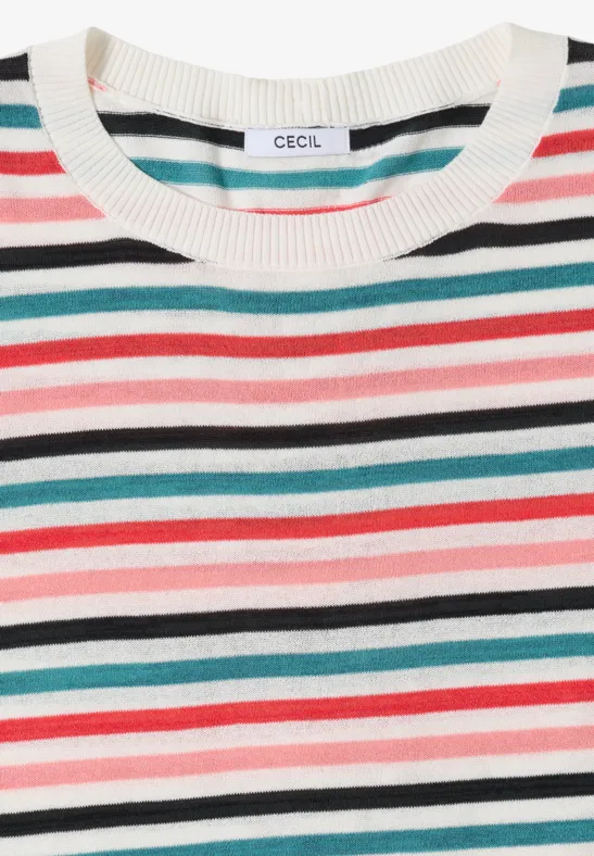 Gestreiftes Kurzarmshirt in Weiß, Rosa, Türkis und Schwarz