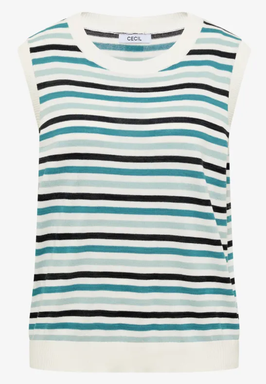 Ärmelloses Stricktop mit weißen, schwarzen und türkisfarbenen Querstreifen.