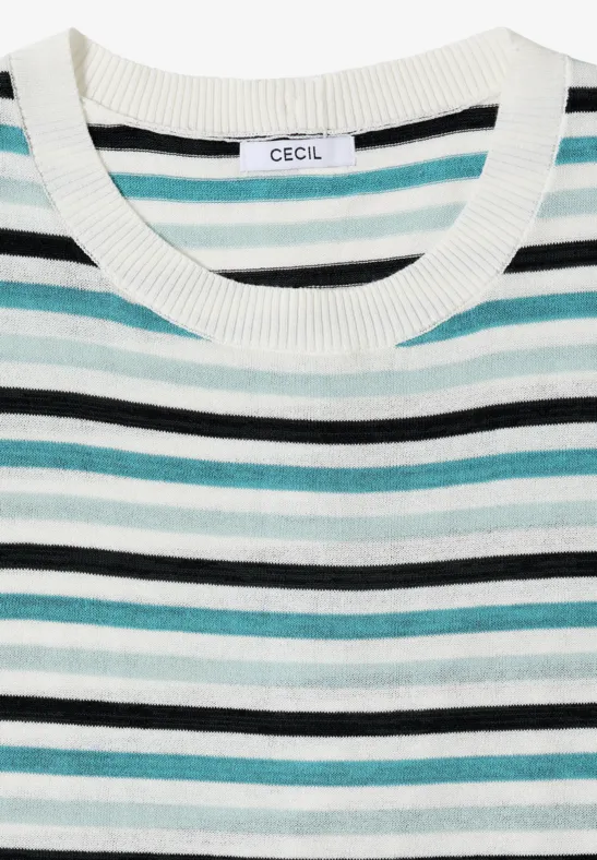 Weißer Pullover mit schwarzen, grauen und türkisfarbenen Streifen und Rundhals.