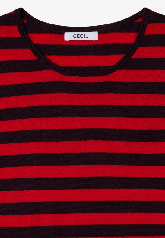 Rotes T-Shirt mit schwarzen horizontalen Streifen und Rundhalsausschnitt von CECIL.