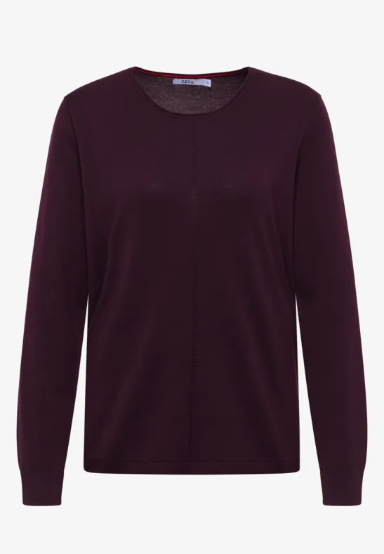 Ein schlichtes, dunkelviolettes Langarmshirt mit Rundhalsausschnitt.