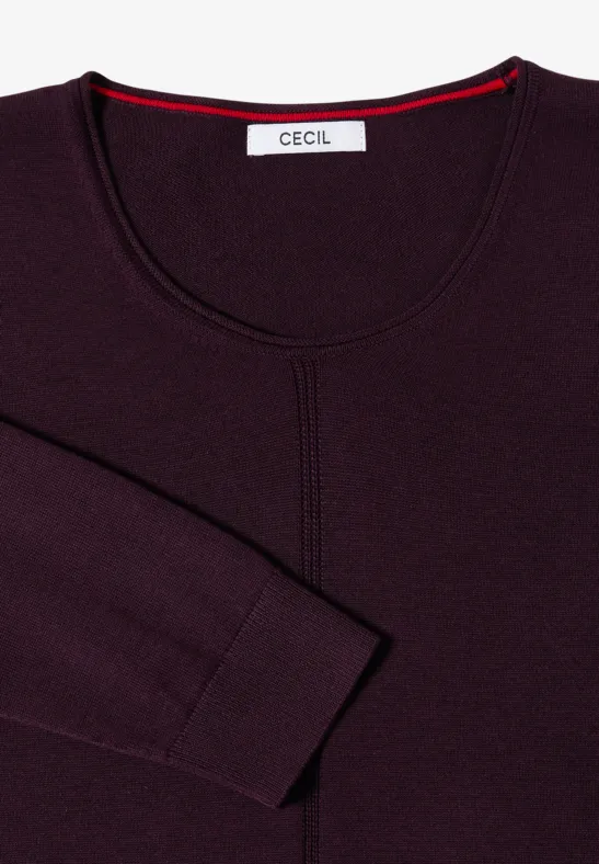 Ein dunkelvioletter Pullover mit Rundhals, langen Ärmeln und CECIL-Label am Kragen.