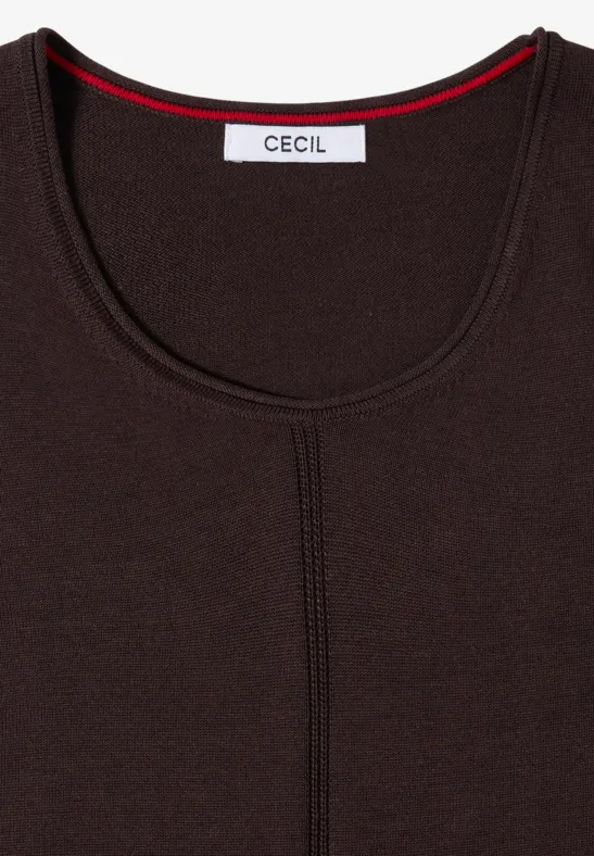 T-shirt femme marron foncé à col rond avec couture apparente, marque CECIL