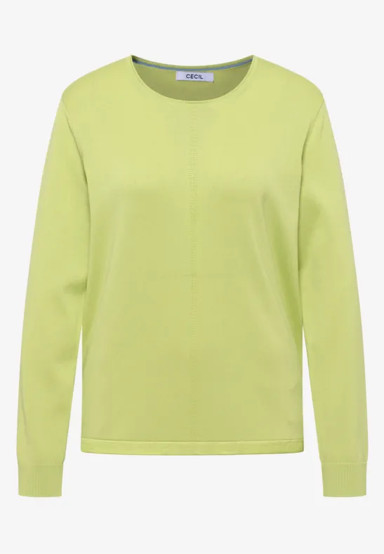 Pull femme vert citron pâle, col rond et manches longues.