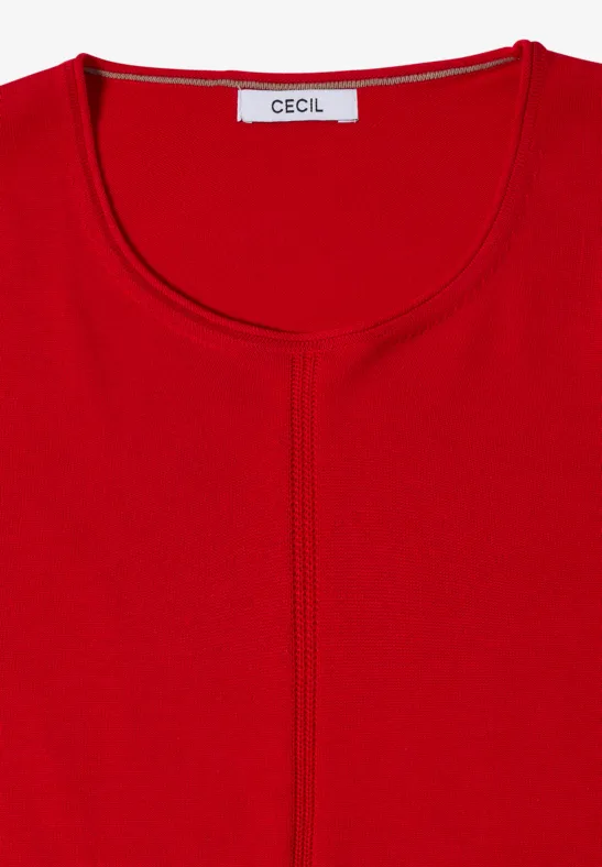 T-shirt féminin rouge à encolure ronde et couture centrale, design épuré.