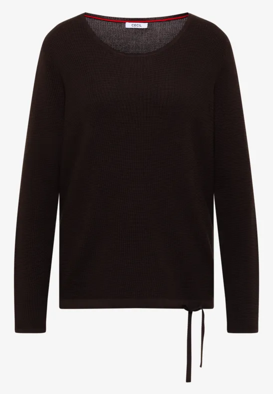 Schlichter schwarzer Pullover mit Rundhalsausschnitt und zartem seitlichem Tunnelzug.