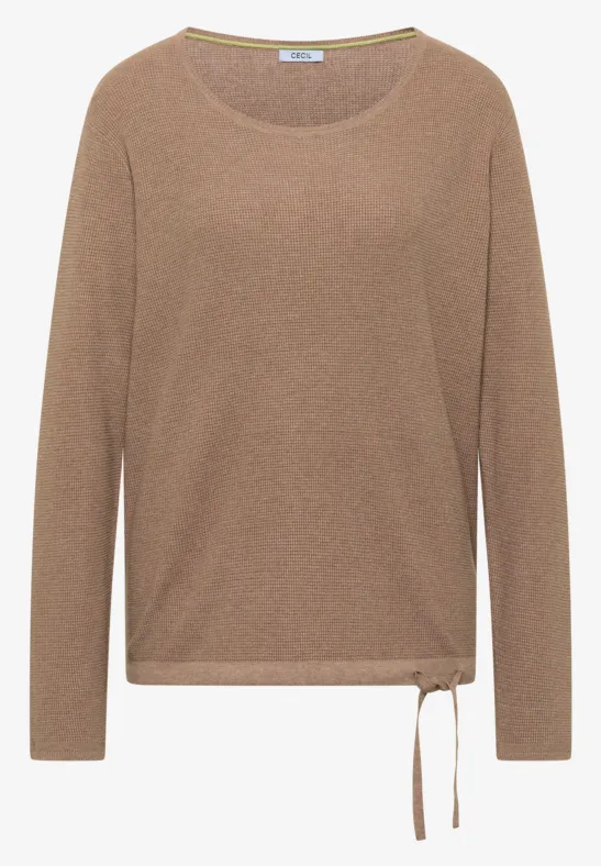 Beiger Pullover mit Rundhalsausschnitt und Bindeband am Saum.