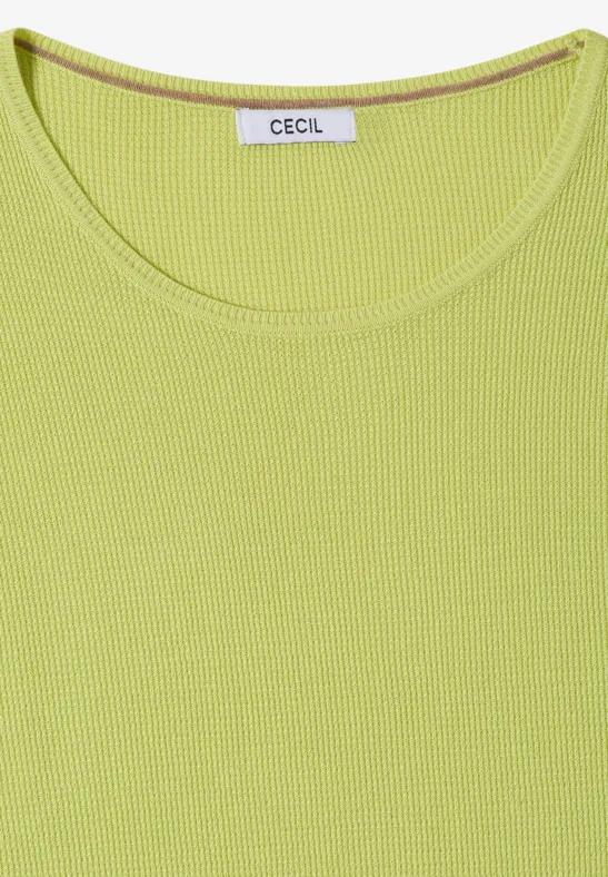 Ärmelloses Top in leuchtendem Lindgrün mit feiner Rippenstruktur und Rundhalsausschnitt, Label 'CECIL' sichtbar.