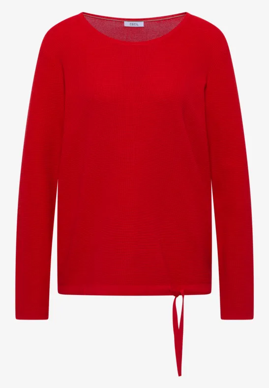 Rotes Langarmshirt mit Rundhals und Bindeband am Saum