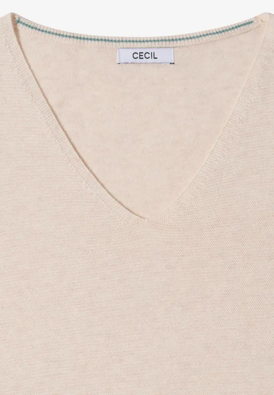 Beiger V-Ausschnitt-Pullover mit feinem Strickmuster und CECIL-Label