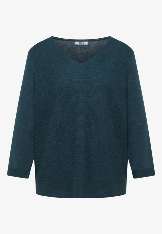 Dunkeltürkiser Pullover mit V-Ausschnitt und 3/4-Ärmeln.