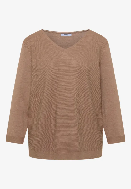 Brauner V-Ausschnitt Pullover mit langen Ärmeln in schlichtem Design.