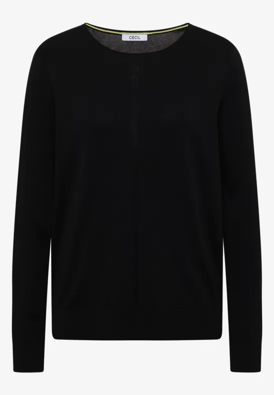 Schlichter schwarzer Rundhalsausschnitt-Pullover mit langen Ärmeln.
