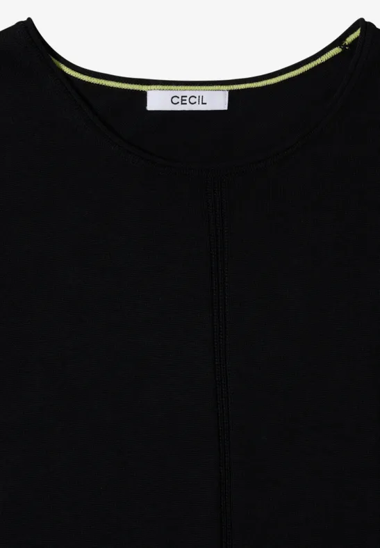 Schwarzes Shirt mit Rundhalsausschnitt, gelbem Innenbesatz und 'Cecil'-Label am Kragen.