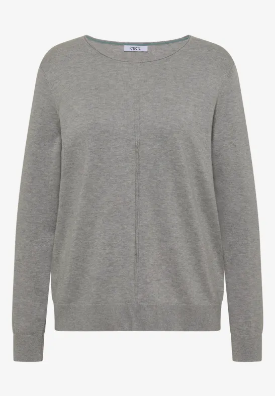 Pull gris chiné à col rond et manches longues.