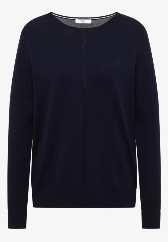 Dunkelblauer, schlichter Pullover mit Rundhalsausschnitt und langen Ärmeln.