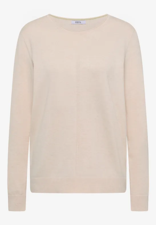 Beiger Pullover mit Rundhalsausschnitt und langen Ärmeln.