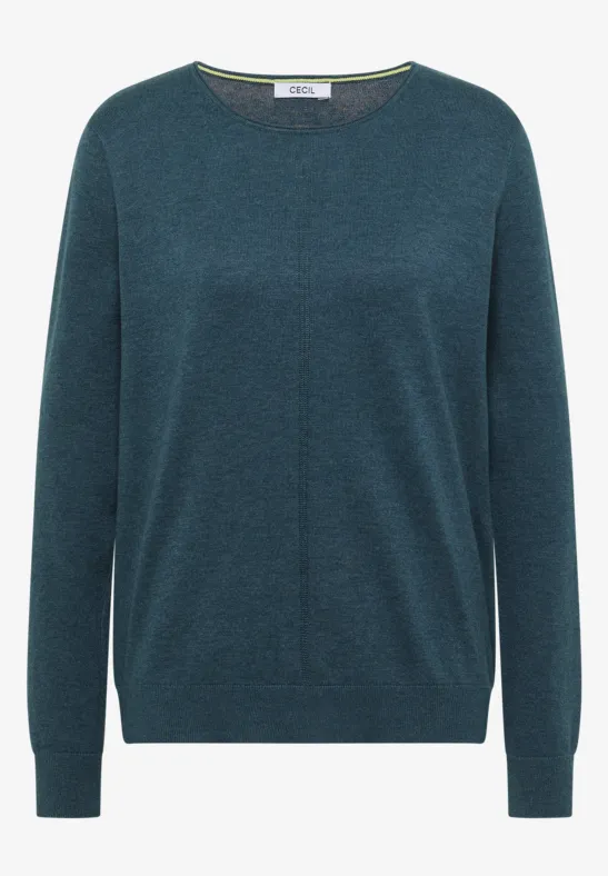 Schlichter petrolfarbener Pullover mit Rundhalsausschnitt und langen Ärmeln.