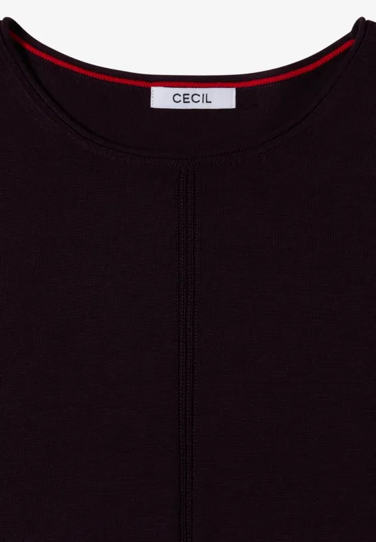 T-shirt noir de la marque CECIL, lisse, col rond, fin liseré rouge à l’intérieur de l’encolure.