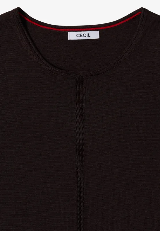 T-shirt noir à manches longues, col rond et couture centrale, design épuré avec étiquette de marque au col.
