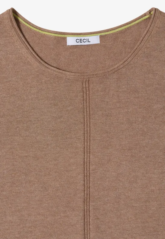 Hellbraunes Langarm-Shirt mit Rundhalsausschnitt und vertikaler Ziernaht, Label 'CECIL'.