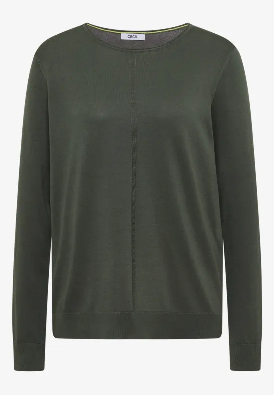 Dunkelgrüner, schlichter Pullover mit Rundhalsausschnitt und langen Ärmeln.