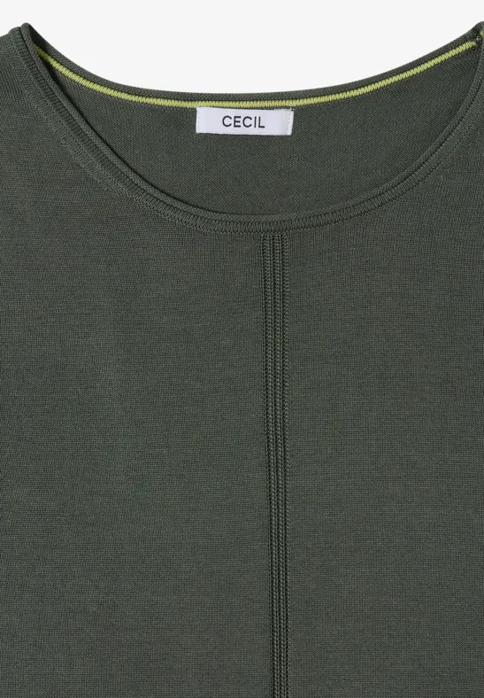 Dunkelgrünes, schlichtes T-Shirt mit Rundhalsausschnitt und dezentem Markenlabel im Nacken.