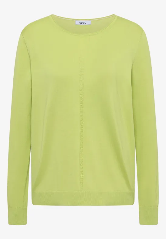 Ein hellgrüner, langärmeliger Rundhals-Pullover aus feinem Strick.