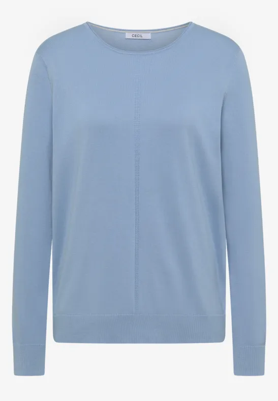 Hellblauer Pullover mit Rundhalsausschnitt und langen Ärmeln.