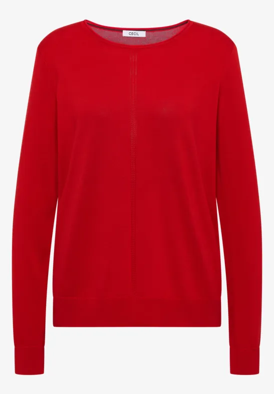Un pull rouge à col rond et manches longues.