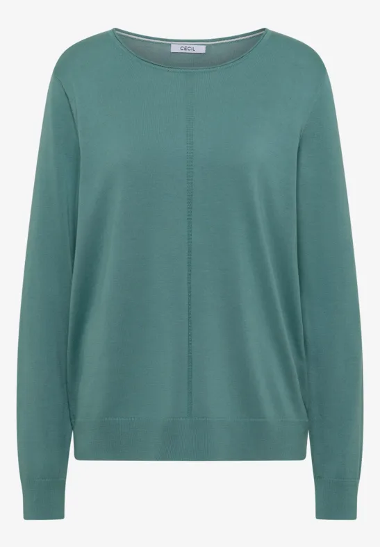 Schlichter grüner Pullover mit Rundhalsausschnitt und langen Ärmeln.
