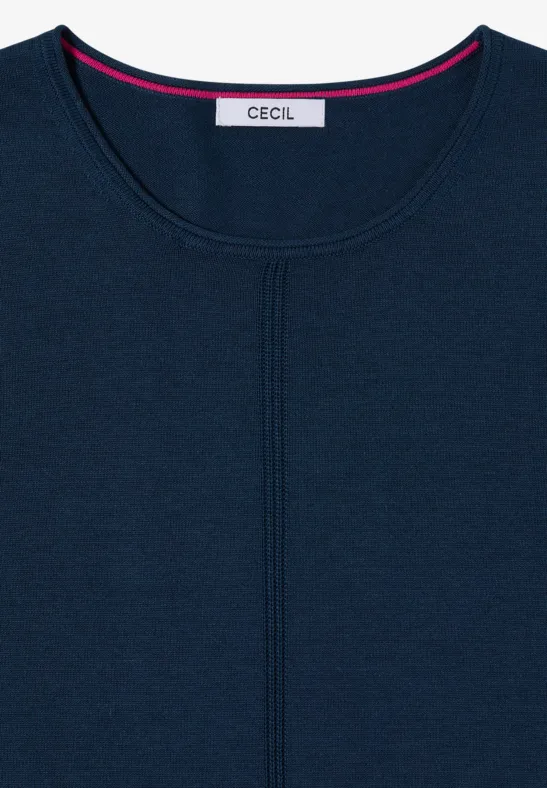Dunkelblauer Pullover mit Rundhalsausschnitt, Nahtdetail vorne und Markenlabel CECIL