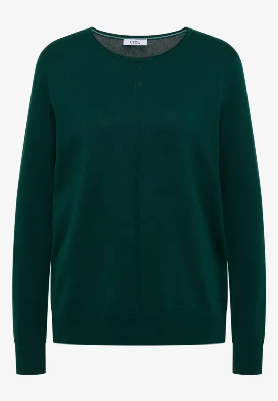 Pull uni vert foncé à col rond et manches longues.