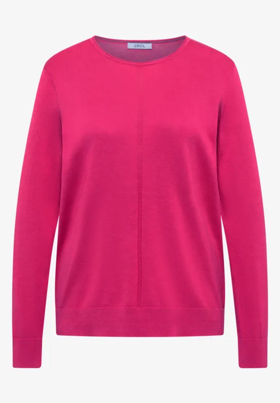 Simpel geschnittener Fuchsia-Pullover mit Rundhals, Langarm und glattem Strickmuster.