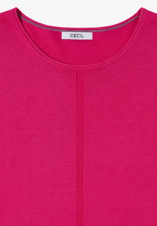Pinkes Damen-Shirt mit Rundhalsausschnitt, sichtbarer Mittelnaht und CECIL-Label am Kragen.