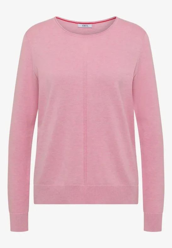 Pull rose à manches longues pour femmes, maille fine et couture centrale.