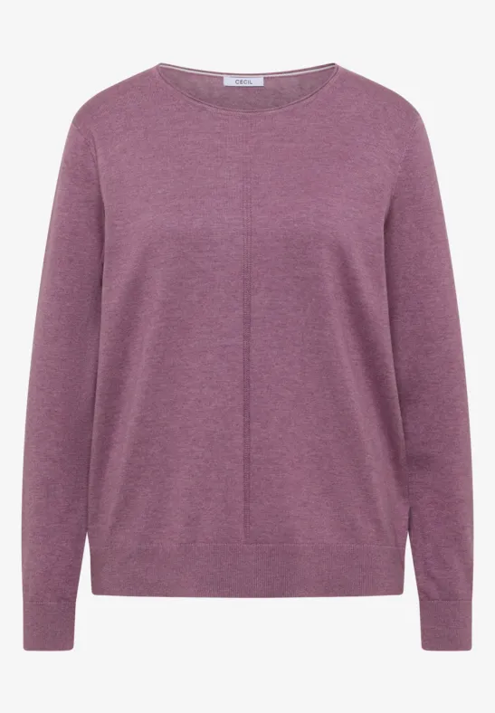 Ein schlichtes, violettes Langarm-Pullover mit Rundhalsausschnitt.